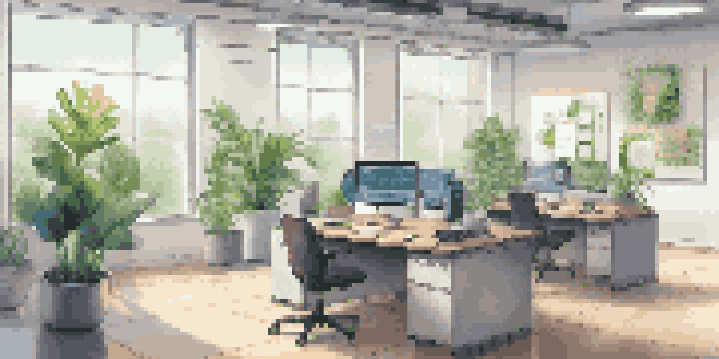 A bright and modern office with a desk, a computer showing a chatbot interface, and green plants.