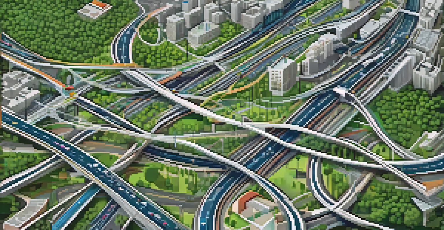 Aerial view of a smart city with roads, public transit, and green spaces, featuring vehicles and electric vehicle charging stations.