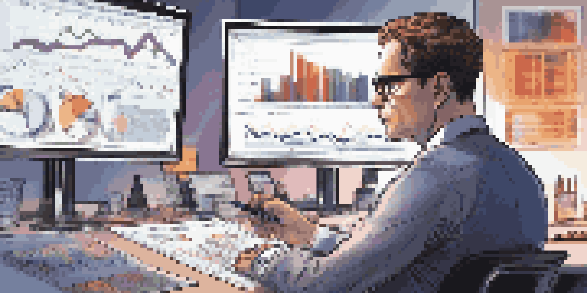 A financial analyst at a desk with multiple screens showing graphs and charts, surrounded by a notepad and pen.