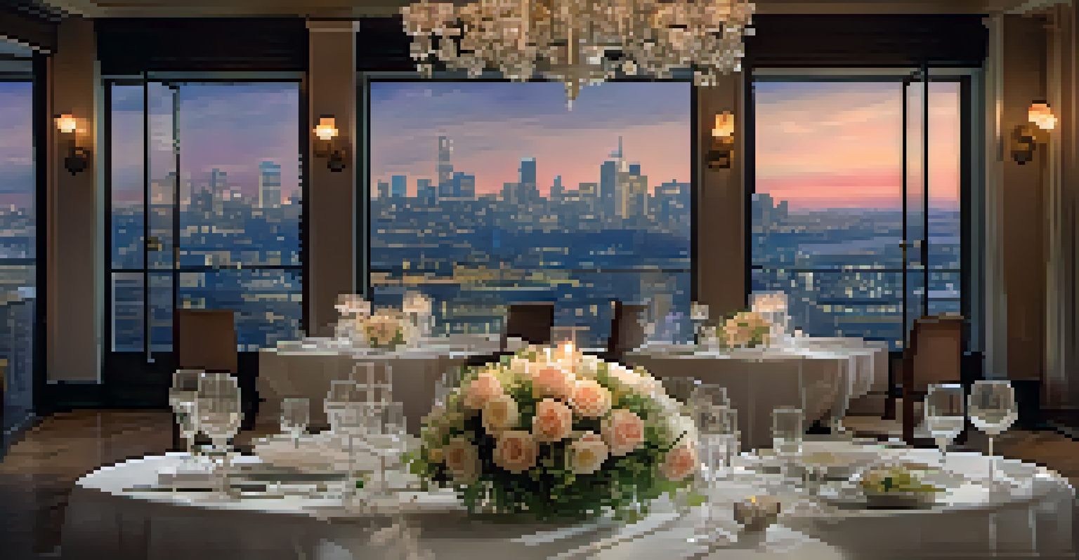 An elegant dining table with candlelight, arranged plates, crystal glasses, and a city skyline view at dusk.