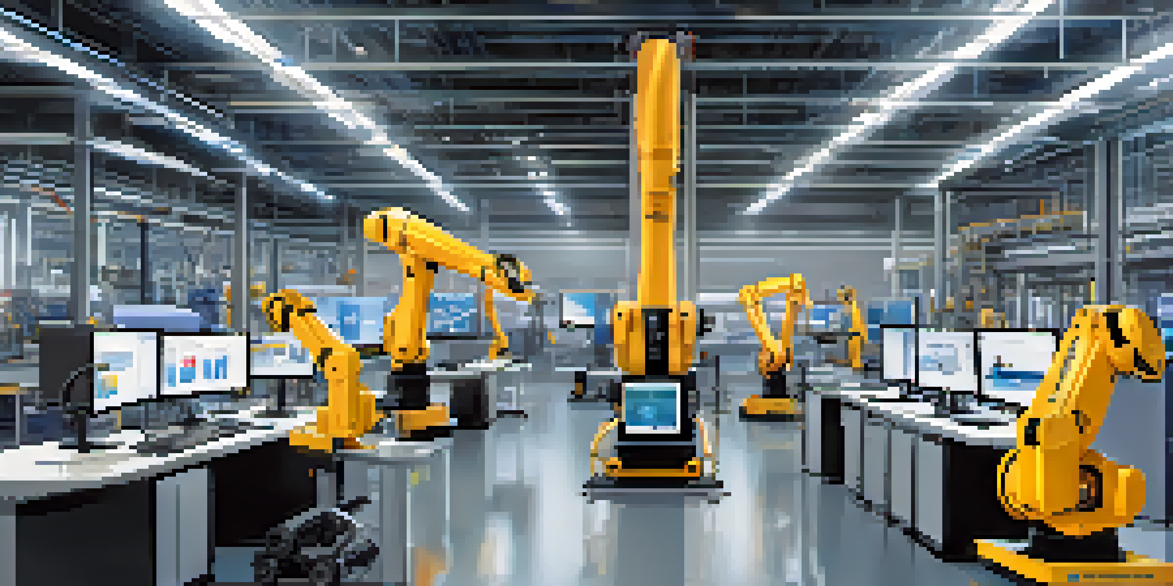 A modern manufacturing facility with screens showing digital twin data and 3D models, illuminated by bright lights.