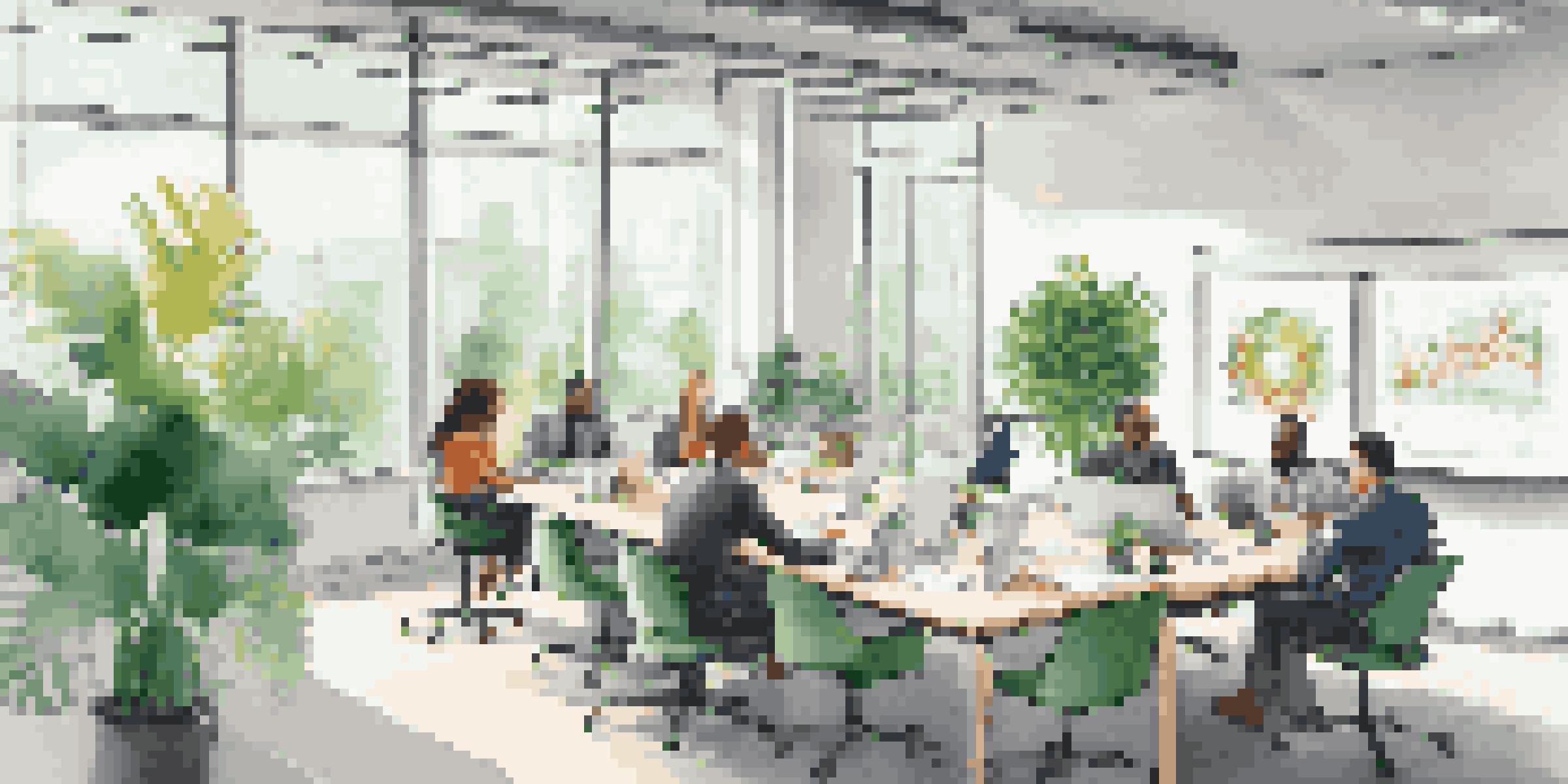 A bright office with a group of diverse professionals in a meeting, surrounded by plants and modern decor, collaborating with a whiteboard filled with notes.