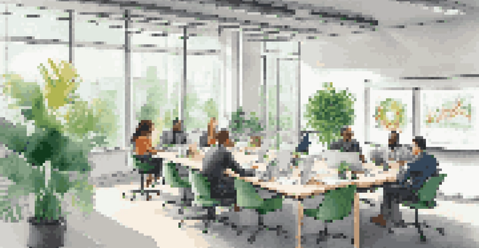 A bright office with a group of diverse professionals in a meeting, surrounded by plants and modern decor, collaborating with a whiteboard filled with notes.