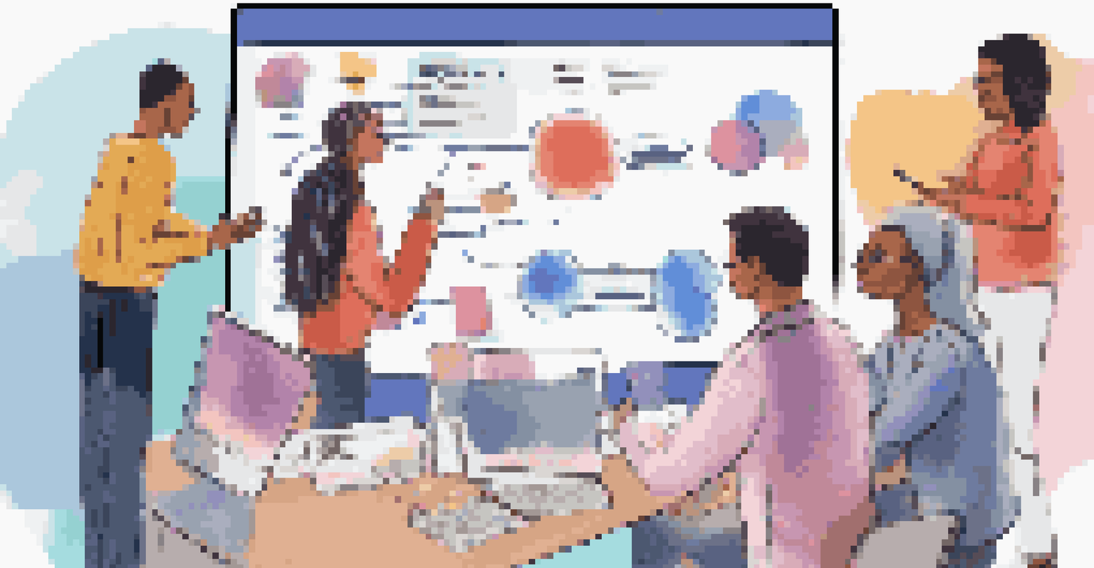 An overhead view of a virtual team-building activity with multiple screens displaying team members chatting and sharing documents.