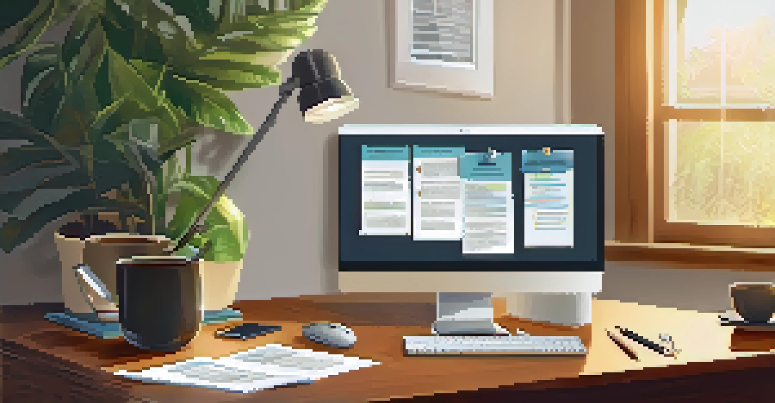 A cozy workspace with a laptop showing cybersecurity training materials, a coffee cup, and a potted plant.