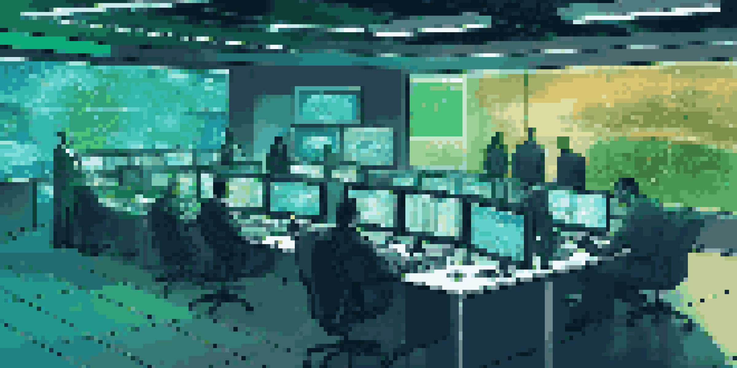 A cybersecurity operations center with analysts working on multiple screens showing threat intelligence data in a dimly lit room.