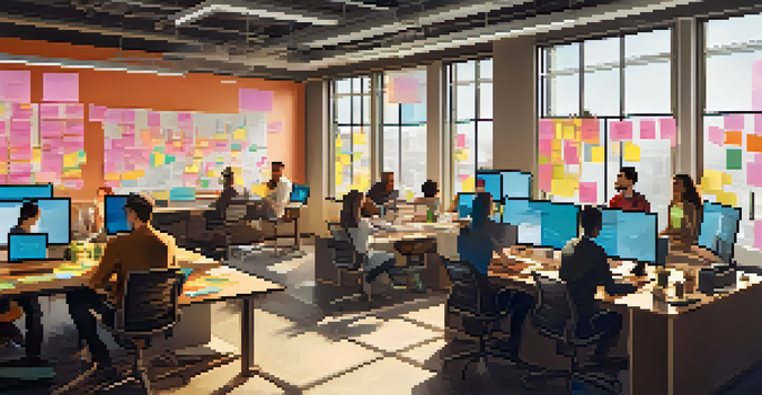 A diverse team of Agile developers collaborating in a bright workspace filled with sticky notes and laptops.