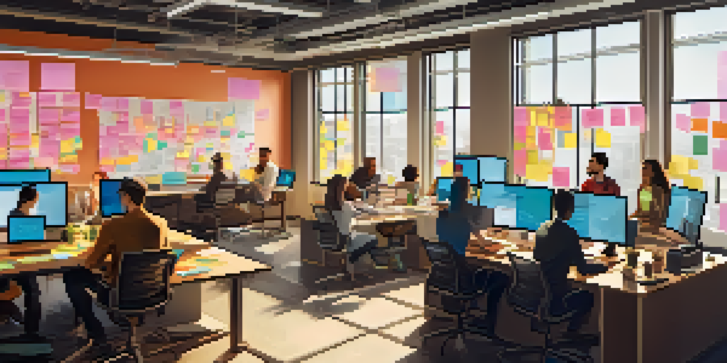A diverse team of Agile developers collaborating in a bright workspace filled with sticky notes and laptops.