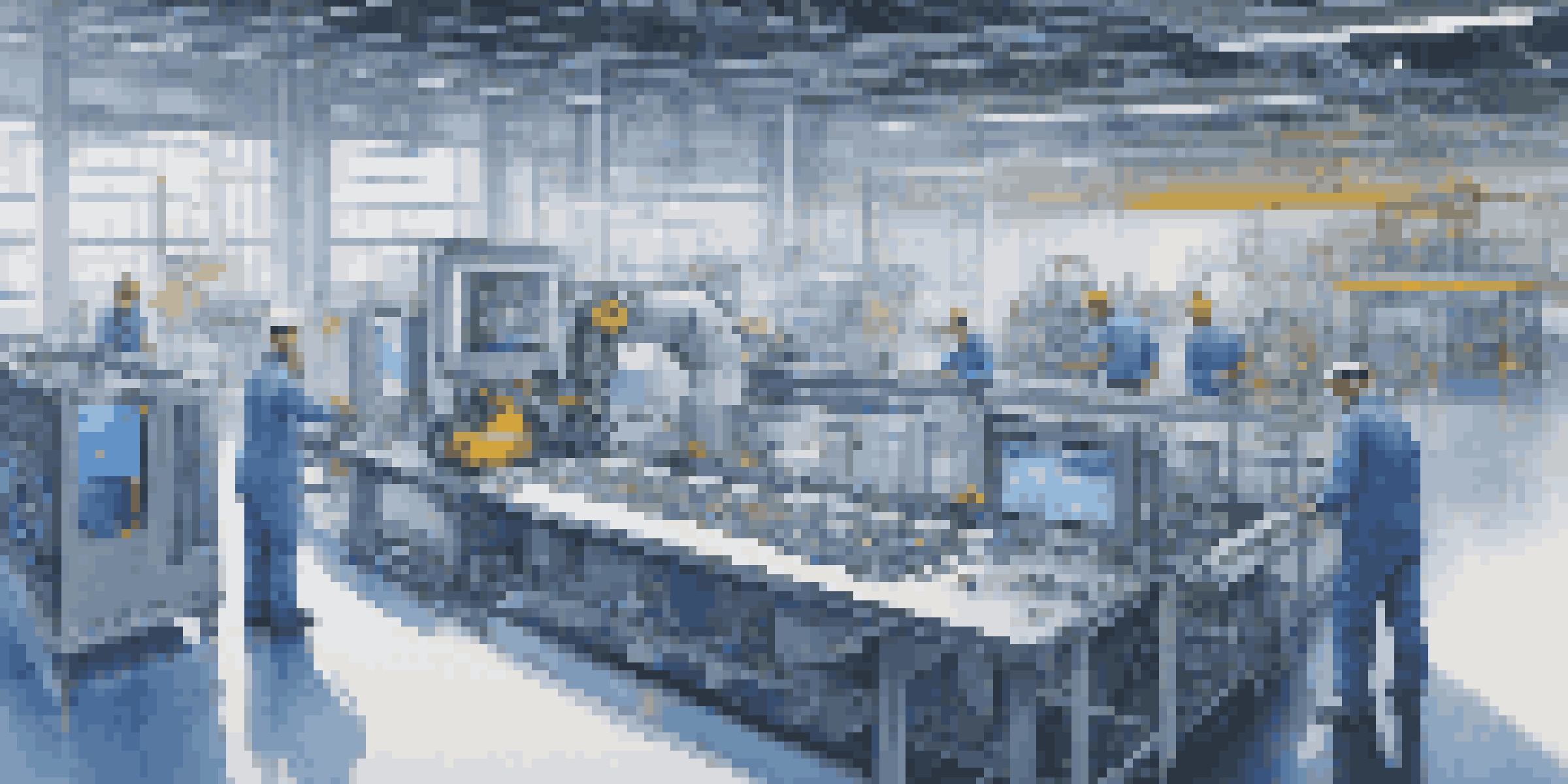 A bright manufacturing facility with workers interacting with a digital twin interface displayed on a large screen, surrounded by advanced machines.