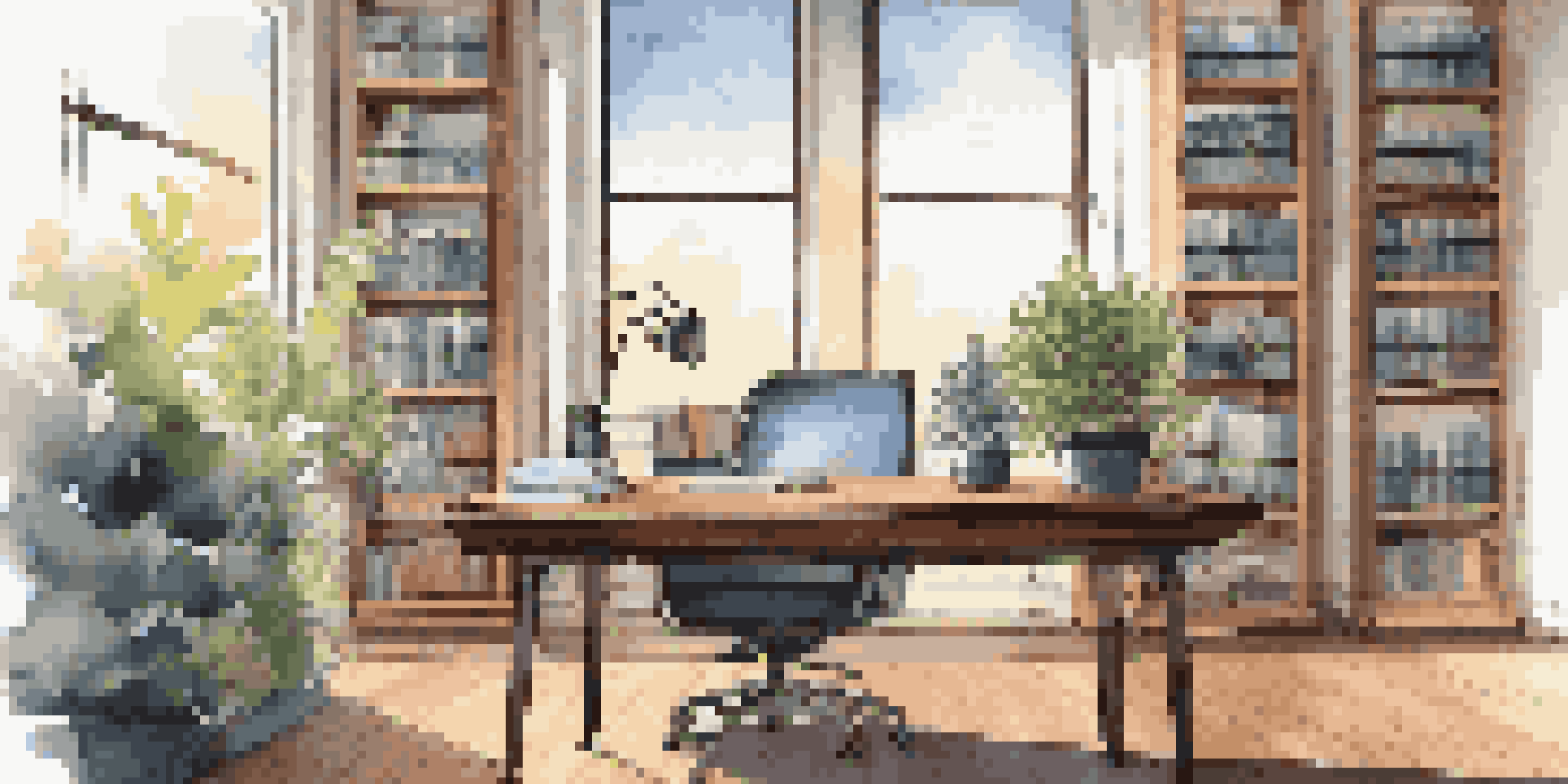 A contemporary office desk with a laptop displaying cloud file sharing, a potted plant, and a coffee mug, all in a well-lit environment.