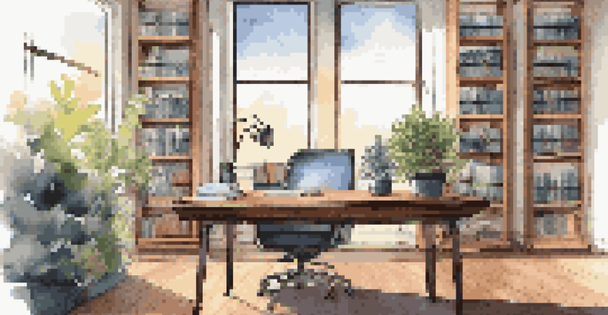 A contemporary office desk with a laptop displaying cloud file sharing, a potted plant, and a coffee mug, all in a well-lit environment.