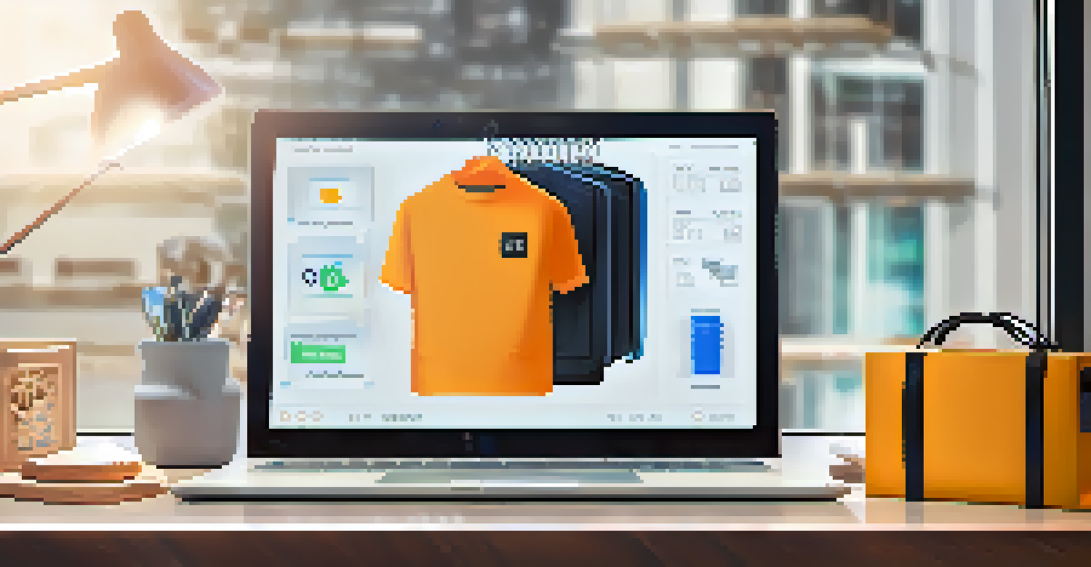 A digital tablet showing a blockchain ledger with product icons around it in a minimalist office space.