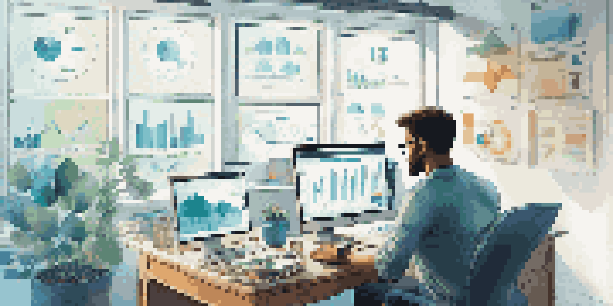 A person working in a bright office space, analyzing marketing data on a laptop with charts and graphs displayed on a screen.
