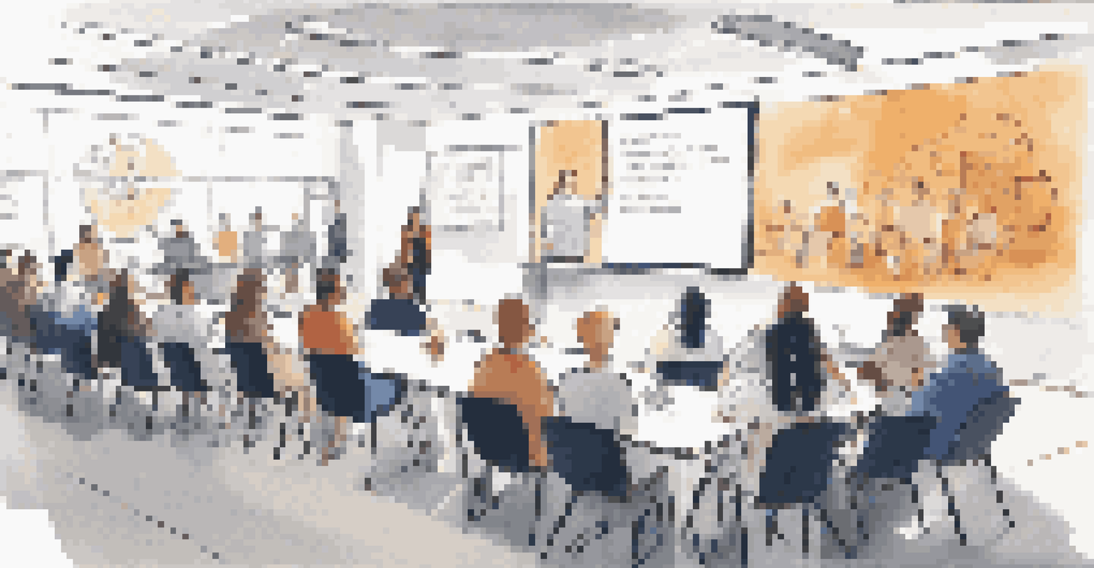 A workshop with a trainer presenting to engaged employees about data security, with a projector displaying information on insider threats.