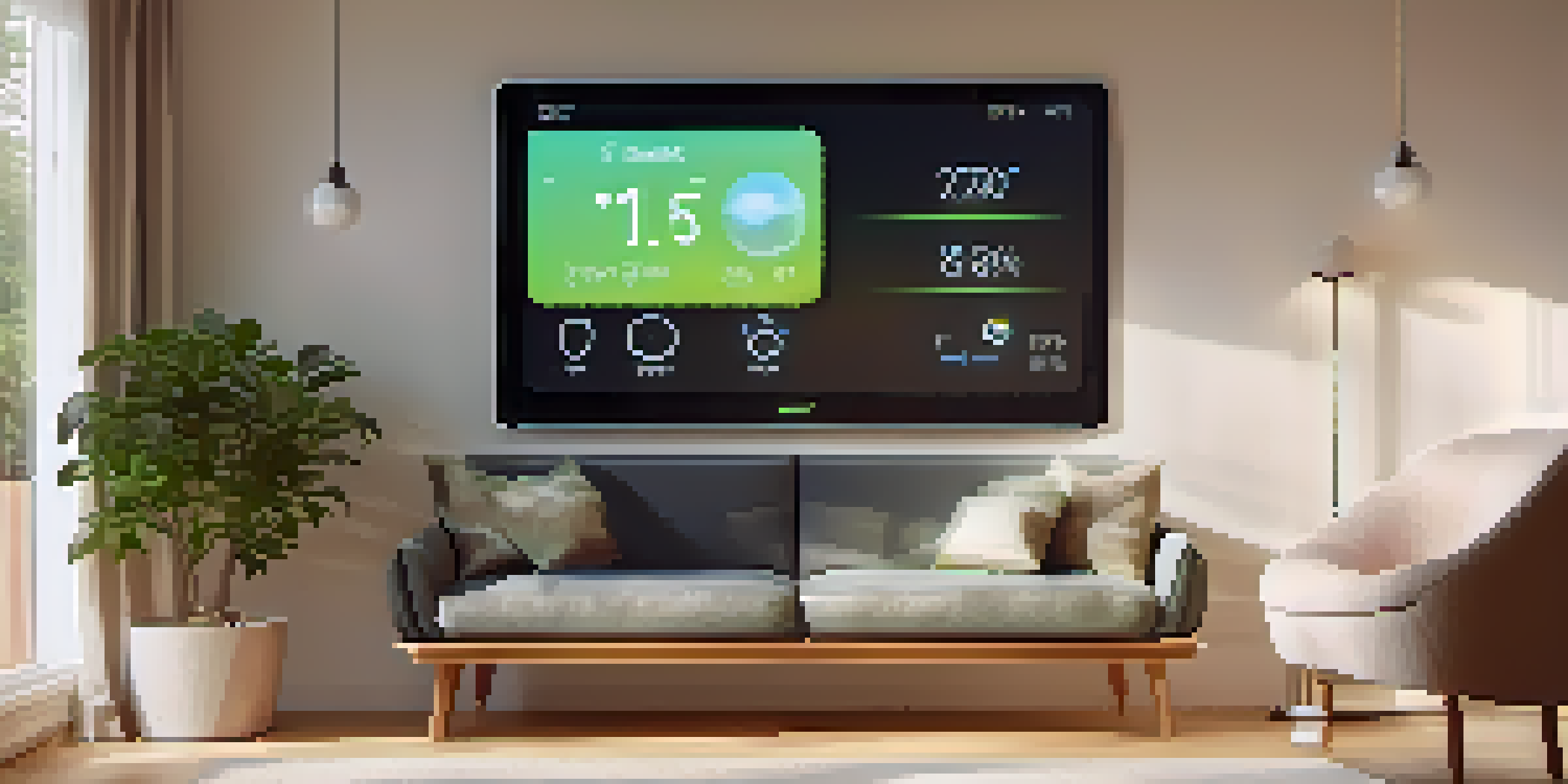 A smart thermostat on a wall in a cozy living room setting, showcasing a comfortable sofa and plants.
