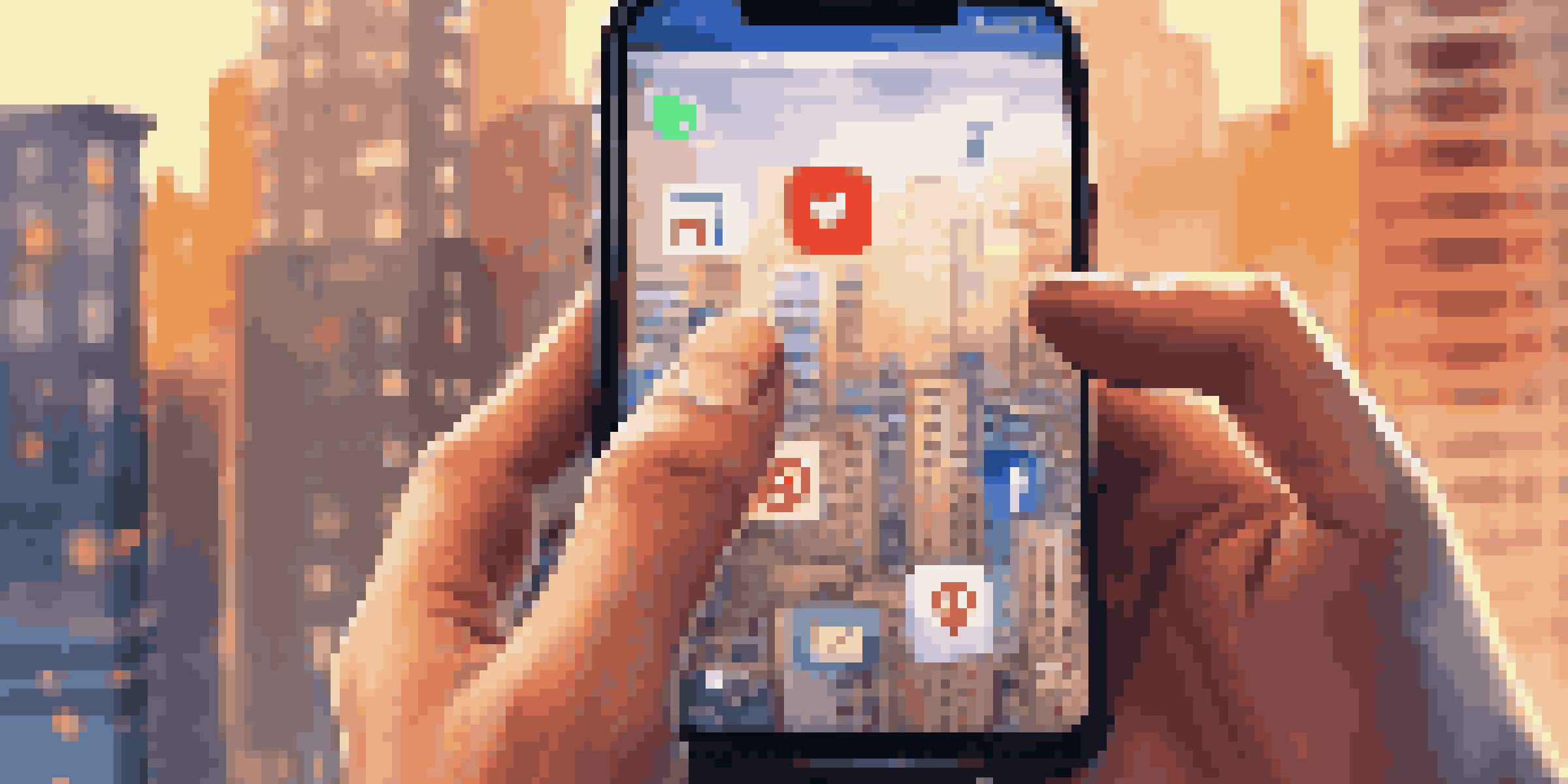 A person's hand holding a smartphone with social media apps visible on the screen against a blurred city background.
