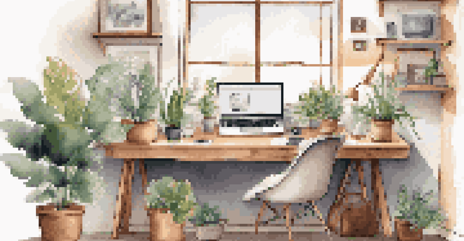 A cozy home office with a laptop showing a project management tool, surrounded by plants and personal items in a warm setting.