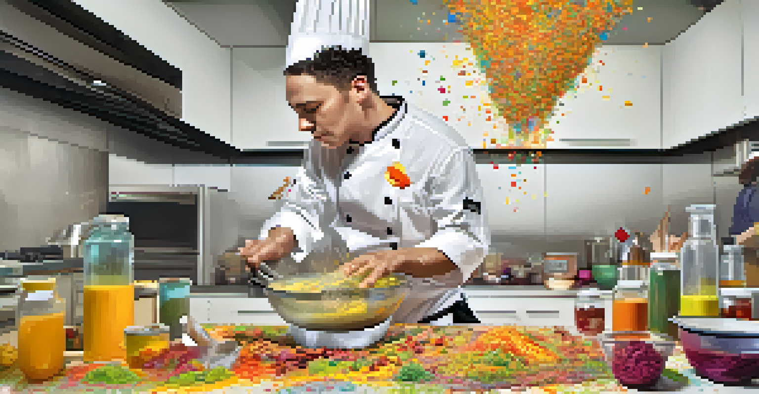 A chef in a colorful kitchen spills ingredients, representing human error in data handling with visible data errors on a computer screen.