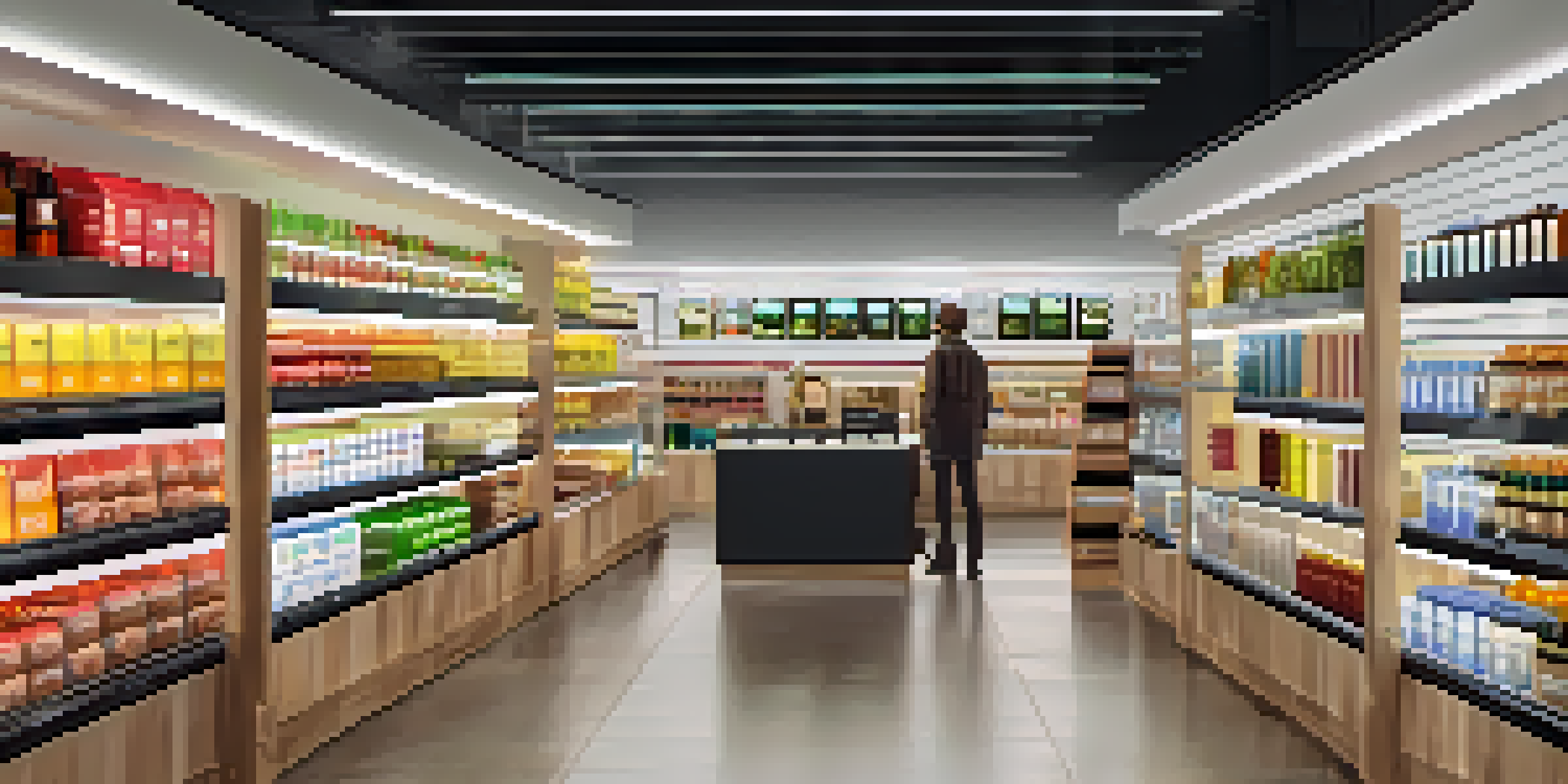 A modern retail store with smart shelves and customers using IoT shopping carts under warm ambient lighting.