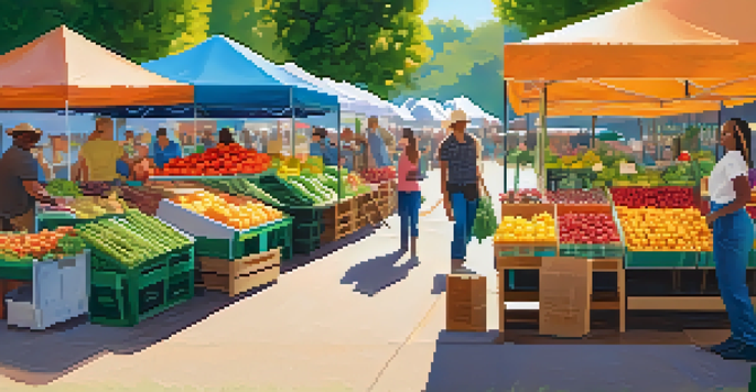 A lively farmer's market scene with colorful fruits and vegetables, flowers, and people interacting under sunlight.