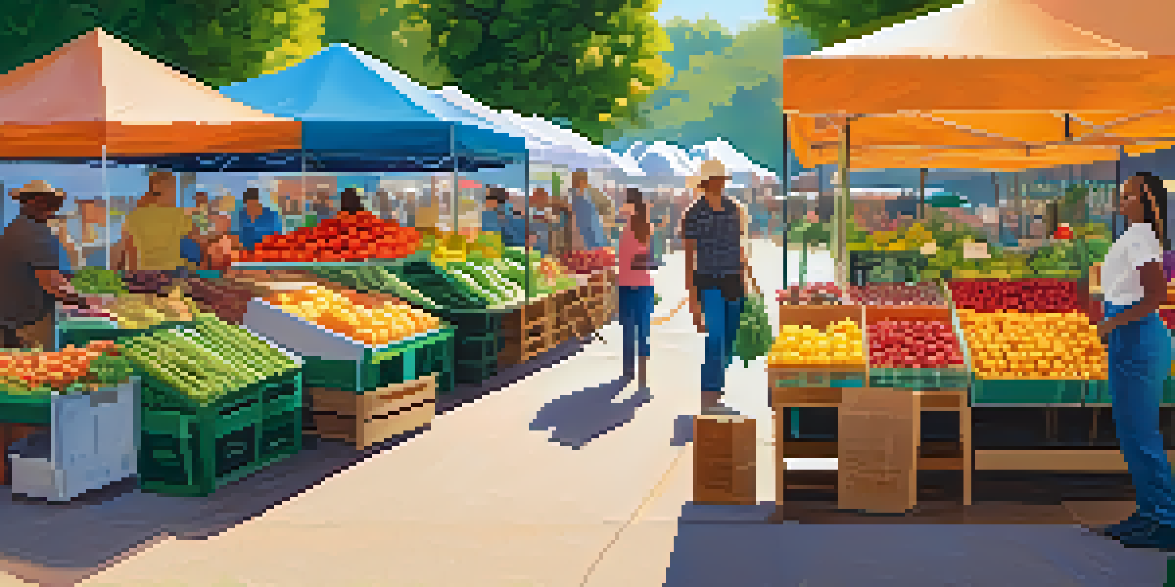 A lively farmer's market scene with colorful fruits and vegetables, flowers, and people interacting under sunlight.