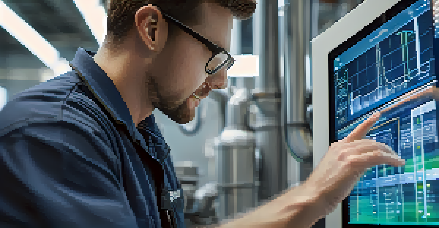 A technician using a tablet to view a digital twin interface displaying energy analytics.