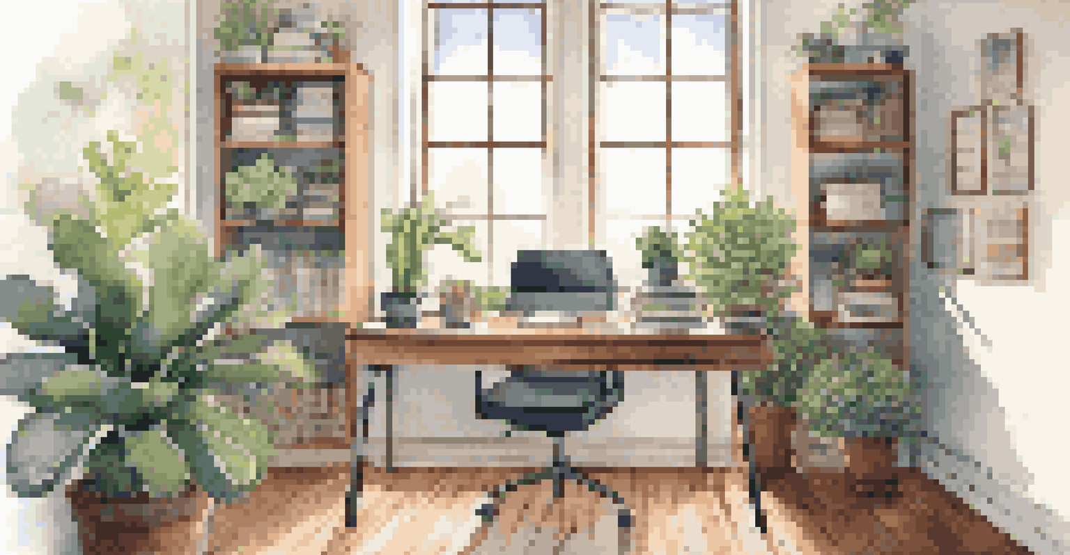 A bright and organized office workspace with a laptop, books, a potted plant, and a motivational quote on the wall.