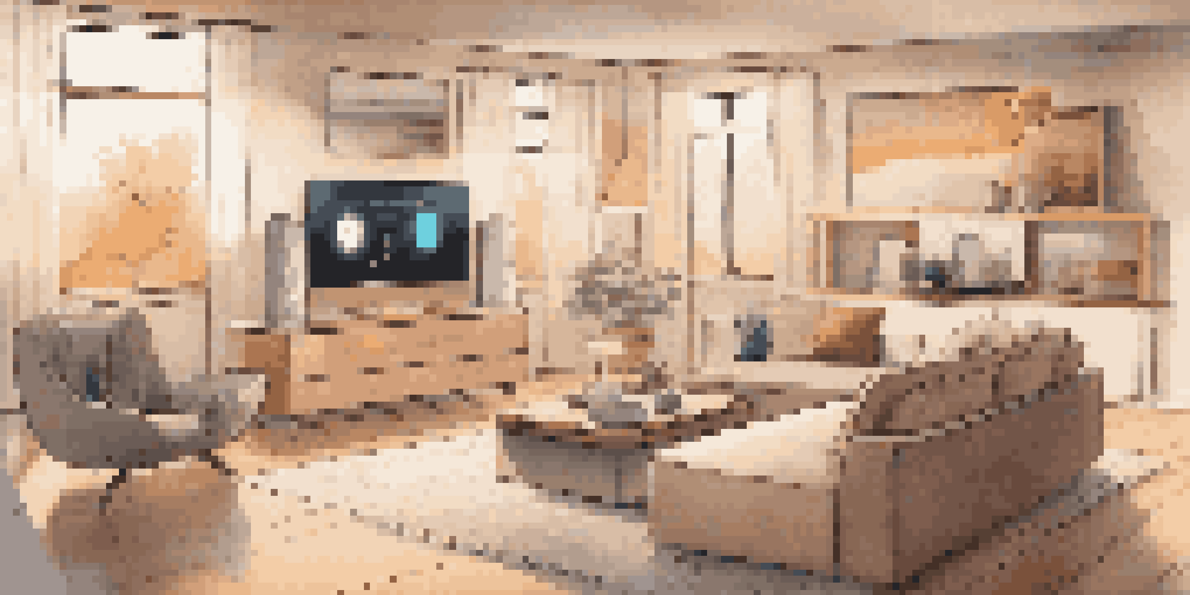 A cozy living room featuring various smart devices like a smart speaker and thermostat, illuminated by warm natural light.