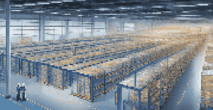 A modern warehouse with digital twin screens showing real-time supply chain data, illuminated by soft blue and white lights, with workers engaging with the technology.