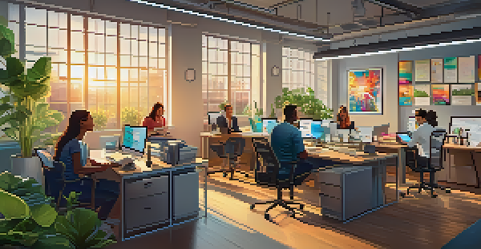 A diverse team of professionals collaborating in a bright office space with laptops and digital devices.