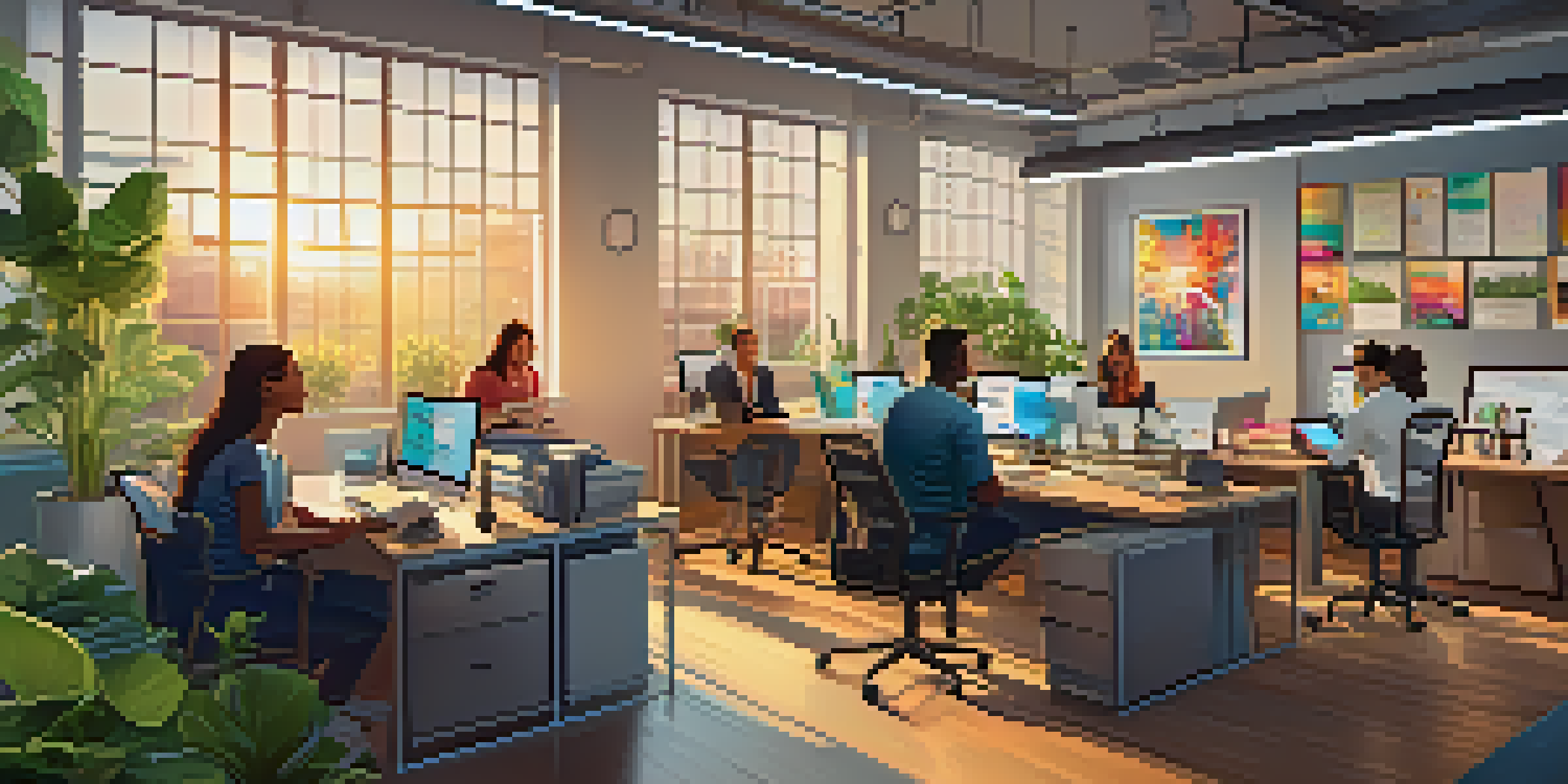 A diverse team of professionals collaborating in a bright office space with laptops and digital devices.