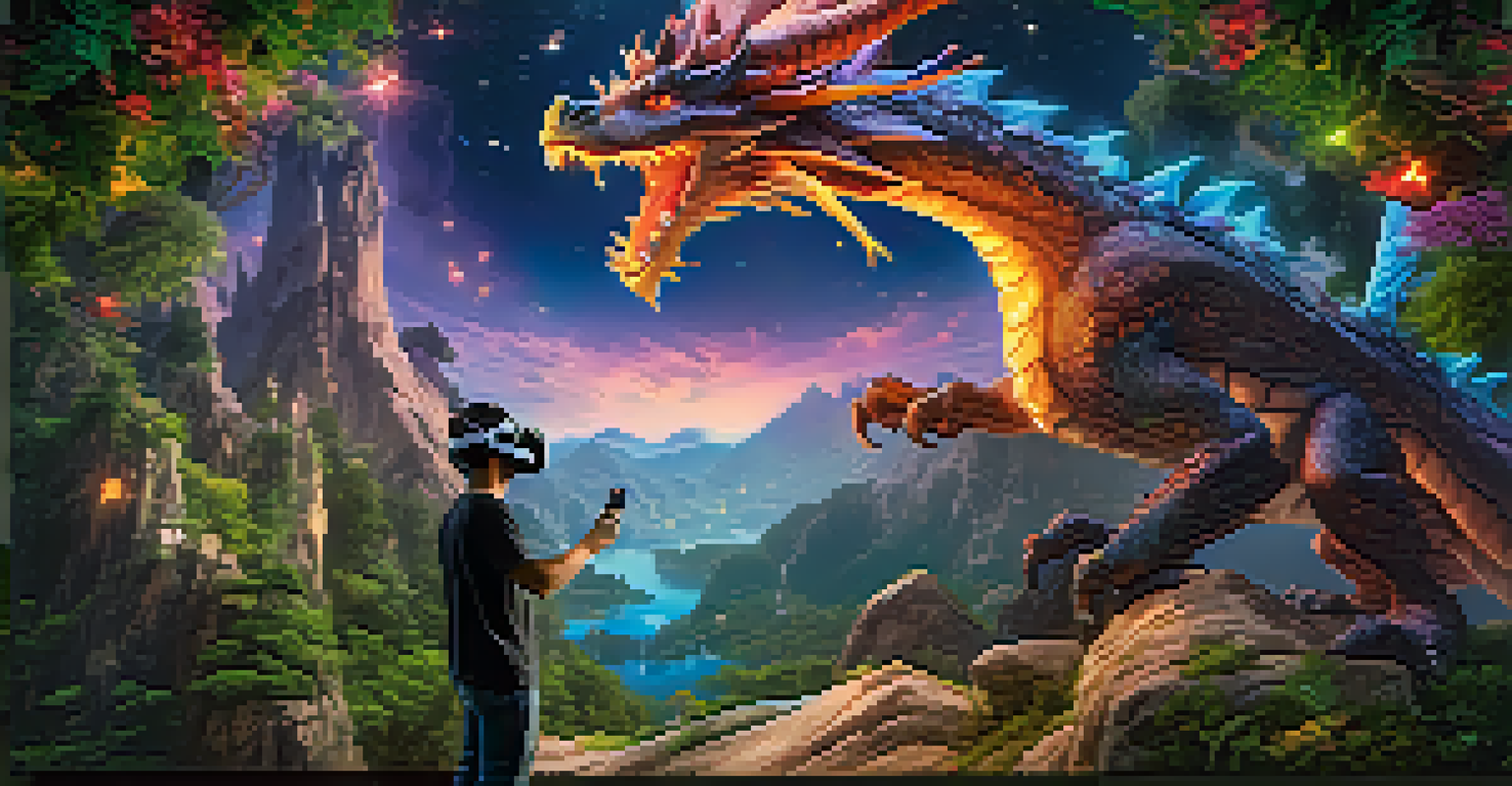 A player immersed in a virtual reality dragon battle, surrounded by vibrant graphics in a fantasy landscape with forests and mountains.