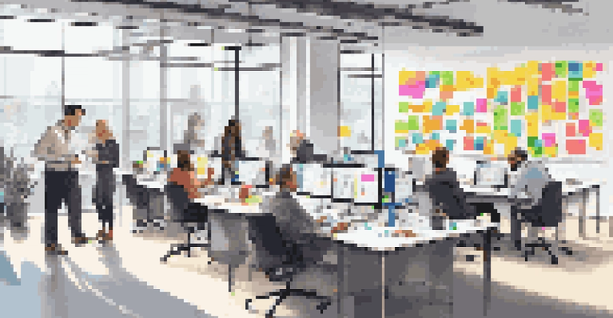 A diverse group of professionals collaborating in a bright modern office, surrounded by sticky notes and digital devices.