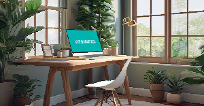 A modern workspace with a laptop, plants, and motivational artwork, bathed in natural light.