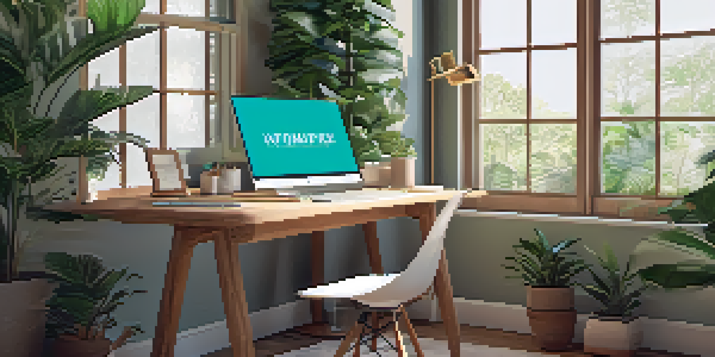 A modern workspace with a laptop, plants, and motivational artwork, bathed in natural light.
