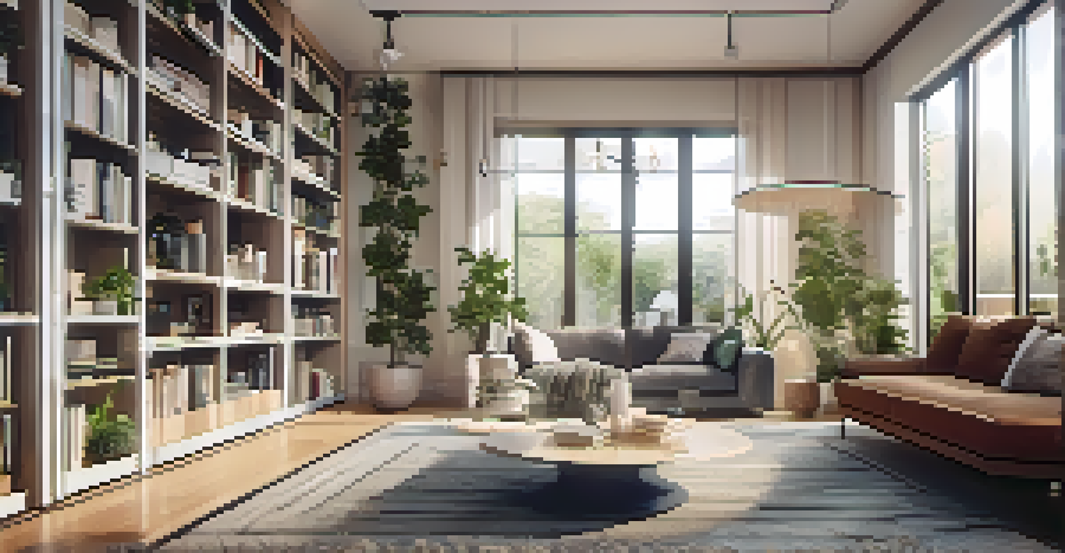 A smartphone displaying an augmented reality house tour, set in a cozy interior environment.