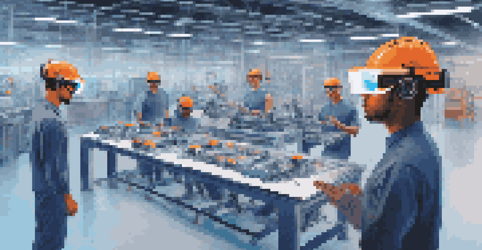 A trainee using augmented reality glasses in a manufacturing setting, with holographic instructions visible in front of them amidst advanced machinery.
