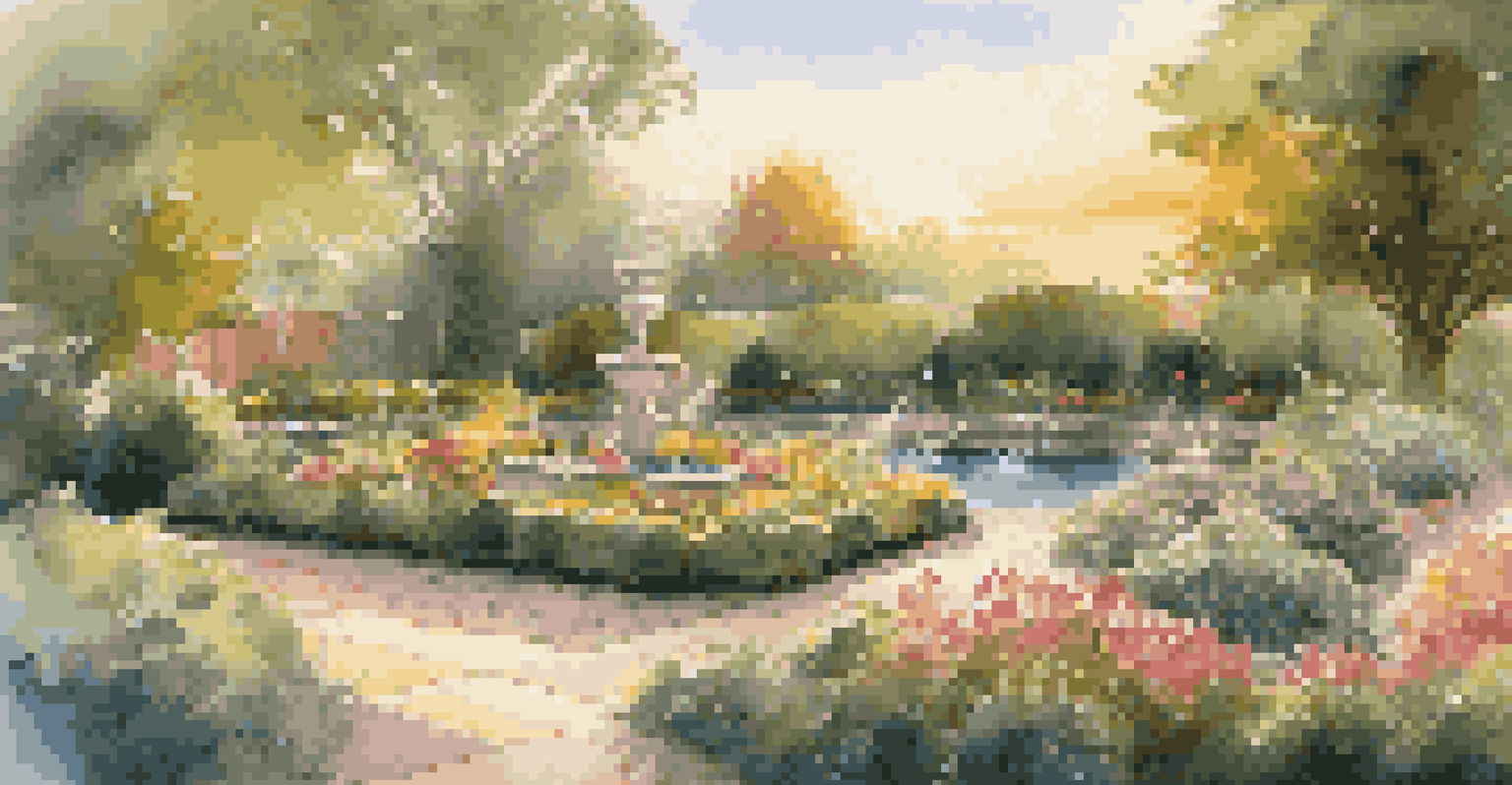 A vibrant garden with flowers and greenery, showcasing smart irrigation watering the plants during sunset.