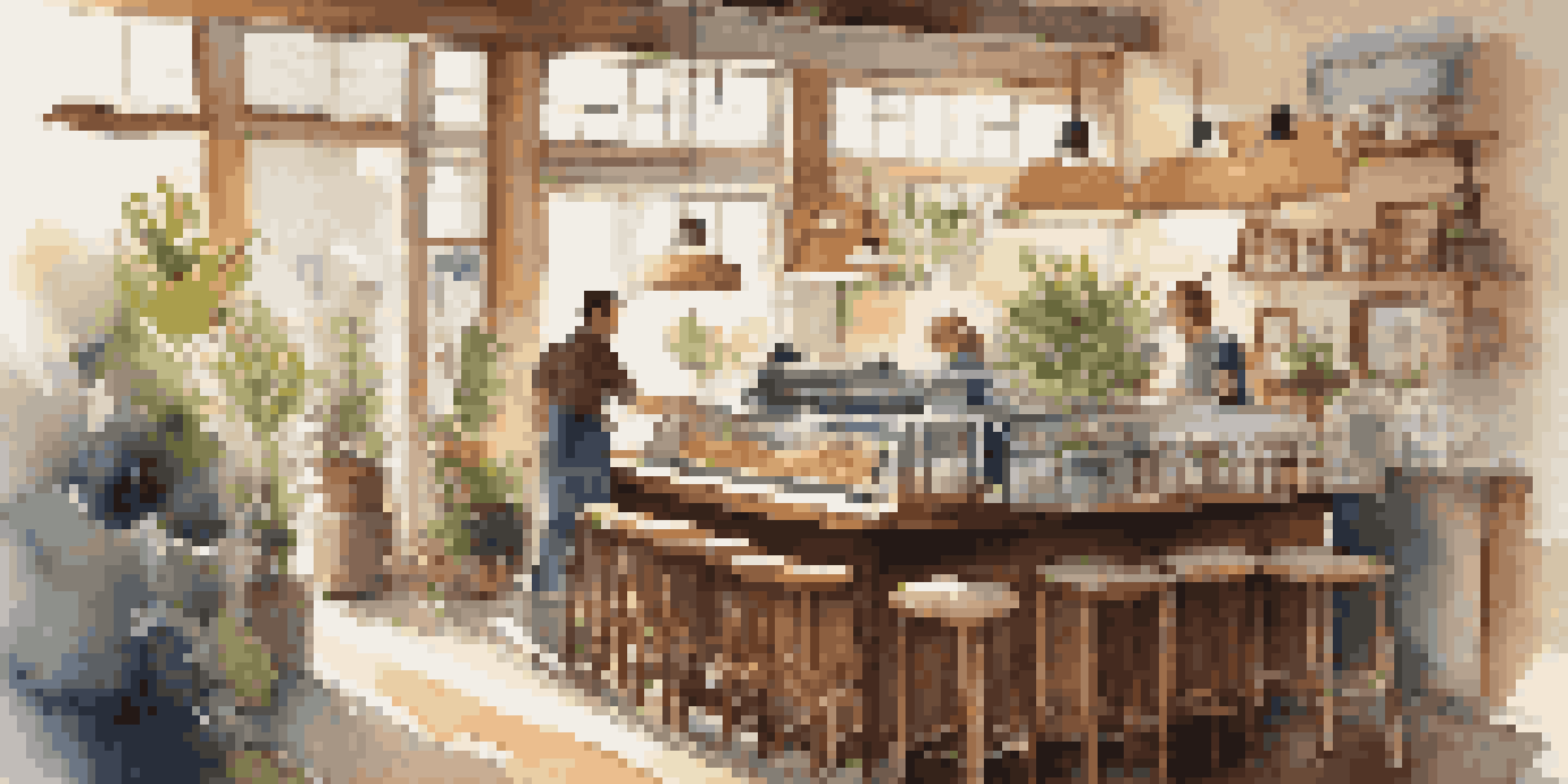 A cozy coffee shop interior with sunlight, wooden tables, and a barista at work.