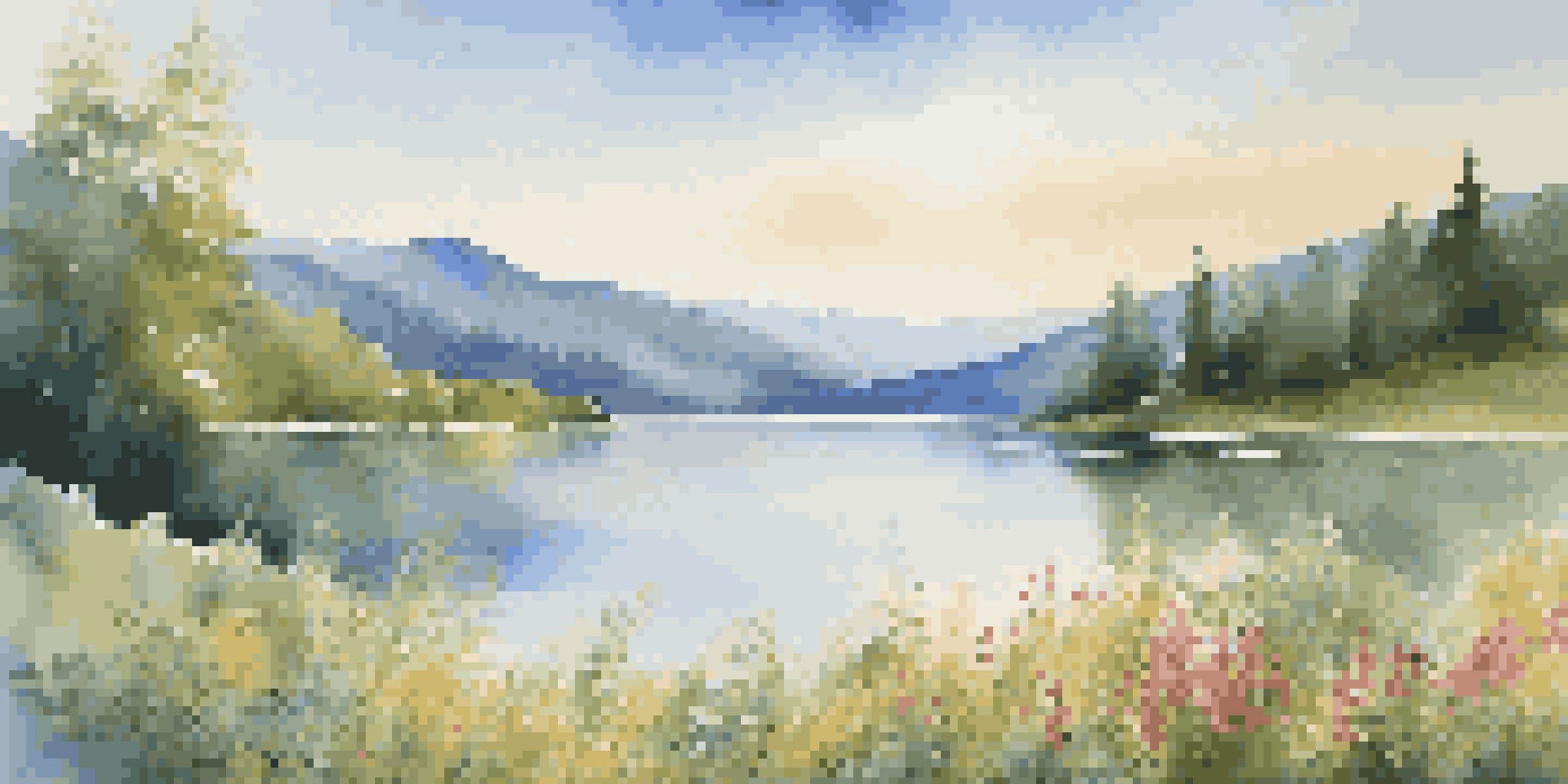 A peaceful lake surrounded by green mountains and colorful wildflowers, with sunlight reflecting on the water.