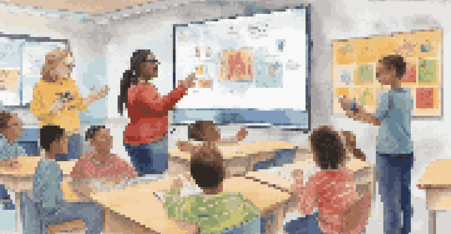An inclusive classroom where a teacher uses AR glasses, assisting students with disabilities, including a student with hearing impairment, in an interactive learning environment.