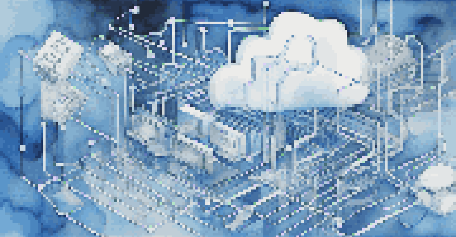 Abstract depiction of virtualization technology with interconnected servers and cloud icons in vibrant colors.
