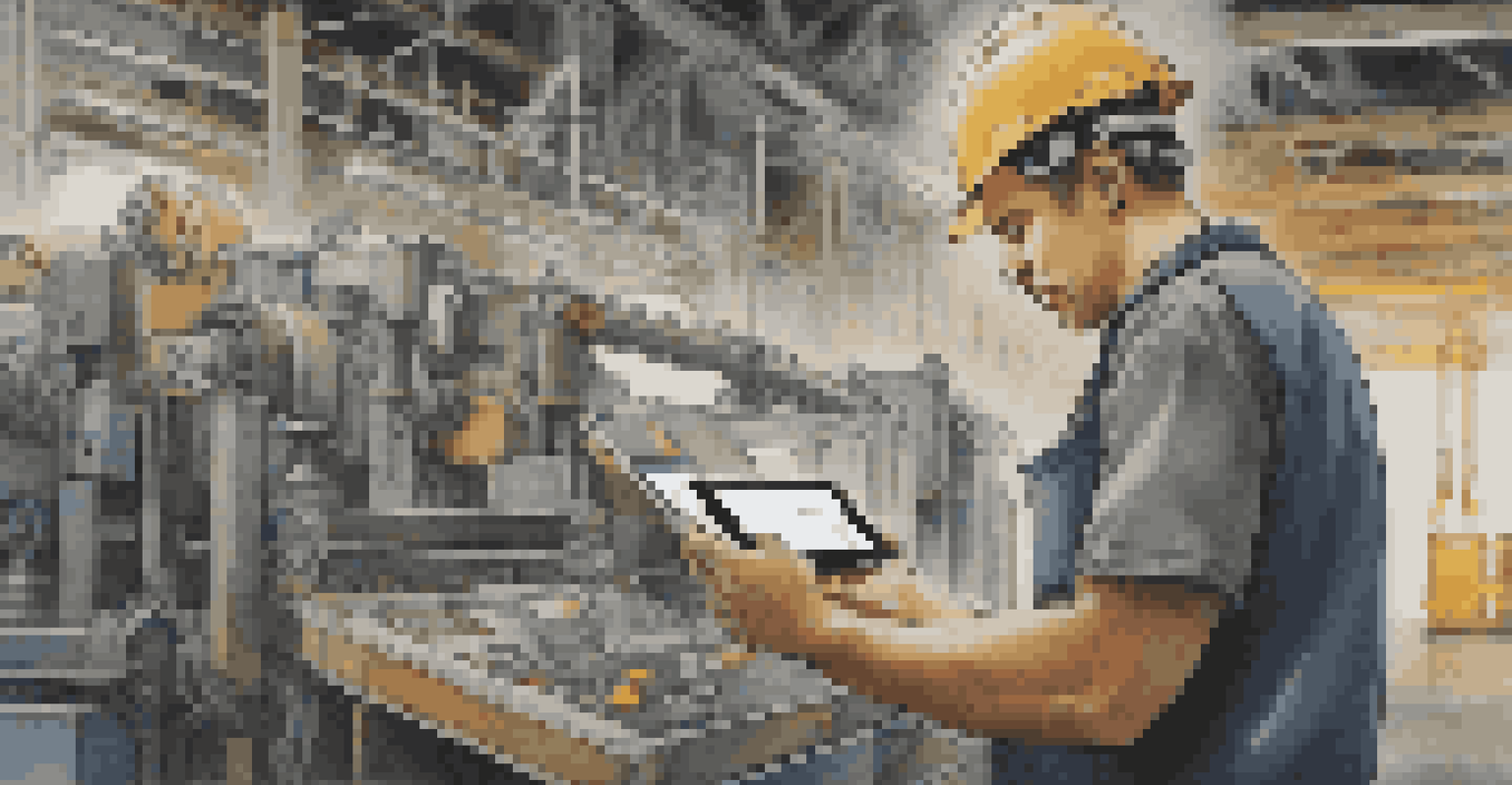 A worker inspecting machinery while holding a digital tablet that displays maintenance data, set in an industrial environment.