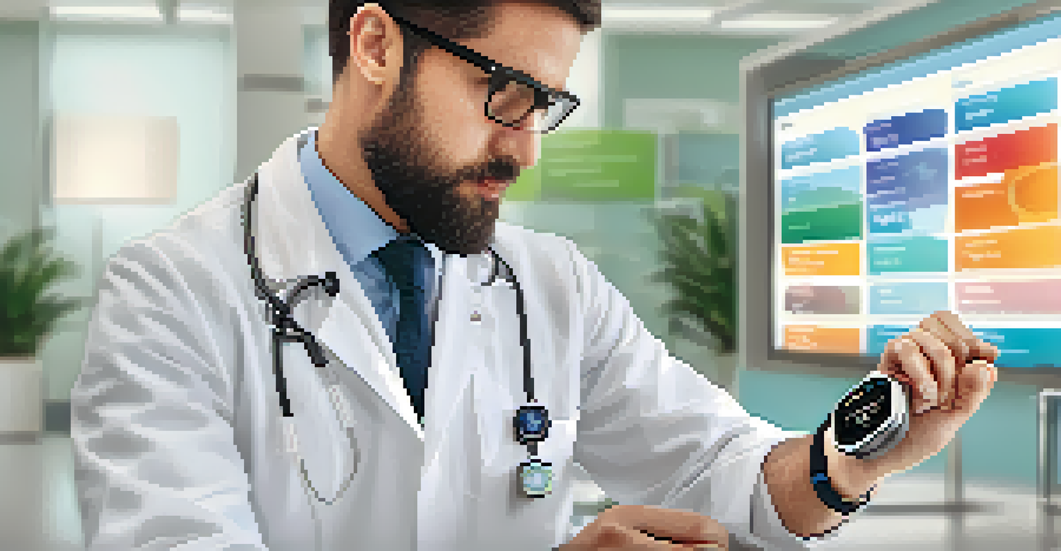 A healthcare professional in a modern clinic using a smartwatch to analyze patient data with health metrics displayed.