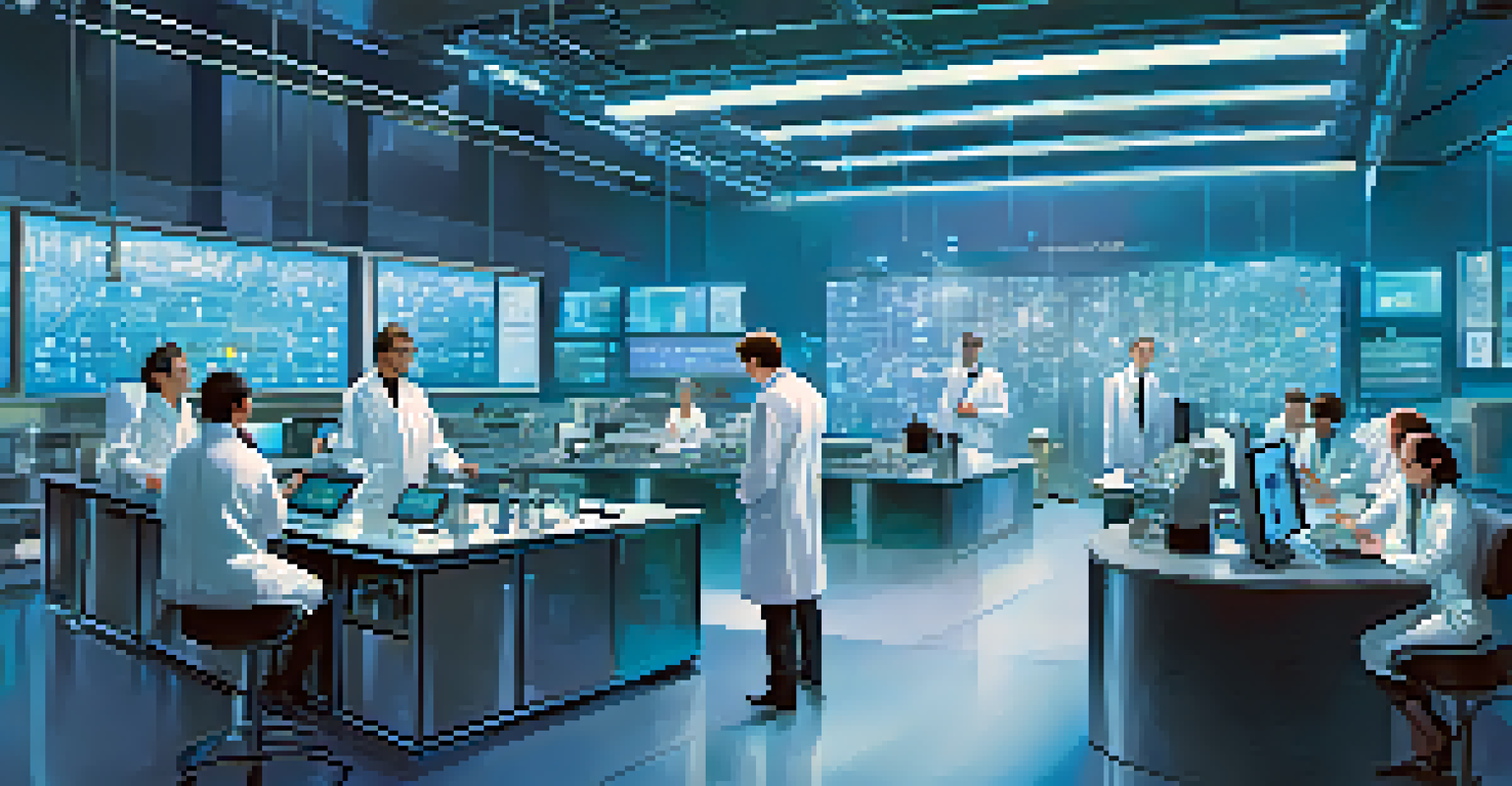 A modern laboratory with scientists working on quantum computers surrounded by advanced technology.