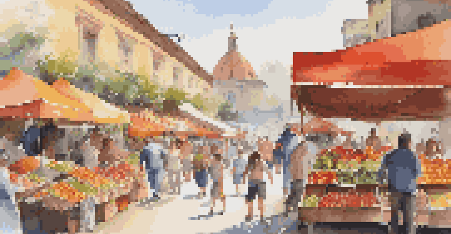 An outdoor market with sunny weather, featuring stalls of fresh produce and handmade items, with shoppers browsing and children playing.
