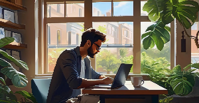 A mobile app developer concentrating on their laptop in a bright coffee shop, with coffee and notes on the table, surrounded by greenery.