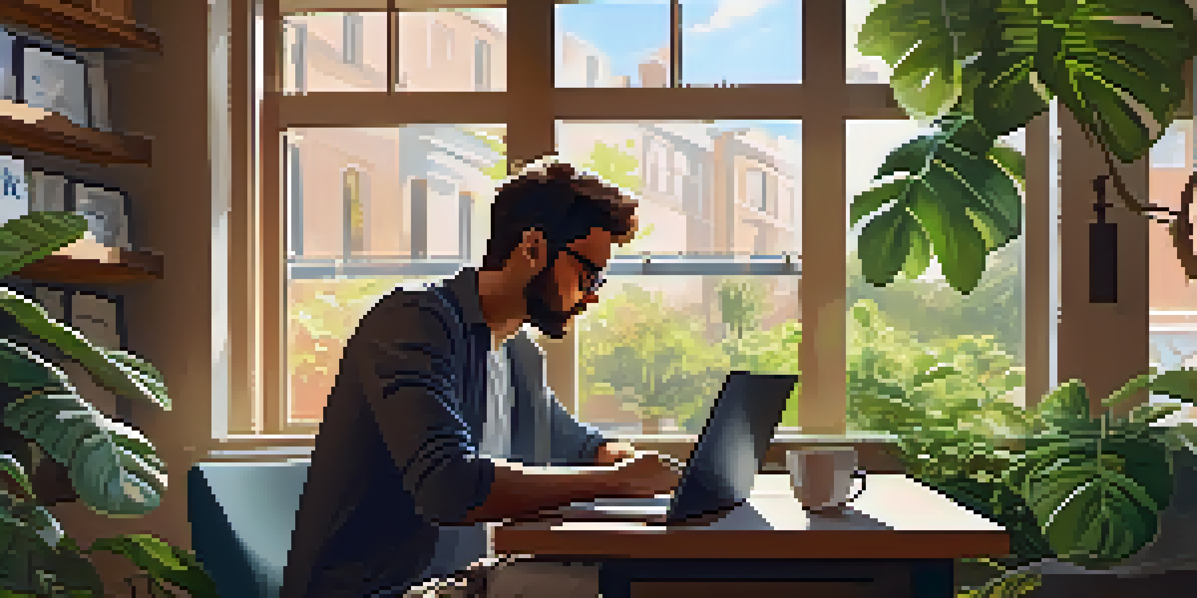 A mobile app developer concentrating on their laptop in a bright coffee shop, with coffee and notes on the table, surrounded by greenery.