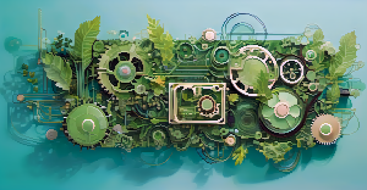 An abstract image representing sustainable software development with gears and circuits made from natural elements.