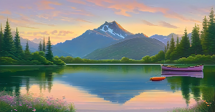 A tranquil lake at sunrise, surrounded by green mountains and wildflowers, with a person fishing in a small boat.